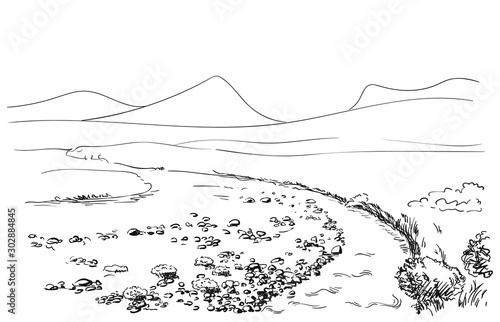Sketch of mountain landscape with small river, Hand drawn illustration