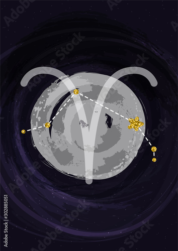 Zodiac Aries sign A4 print poster with constellation symbol. Vector illustration banner.