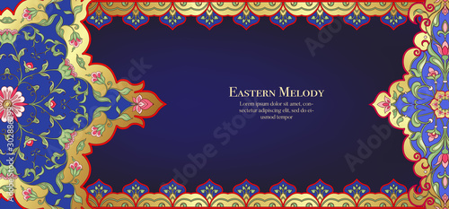 Eastern ethnic motif, traditional muslim ornament. Template for wedding invitation, greeting card, banner, gift voucher, label. Vector illustration