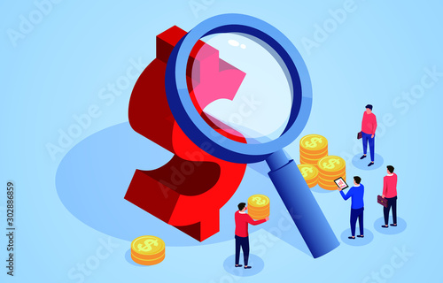 A group of businessmen standing next to a magnifying glass studying dollars