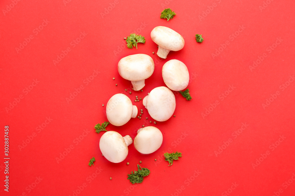 Fresh mushrooms with spices on color background Fresh mushrooms with spices on color background