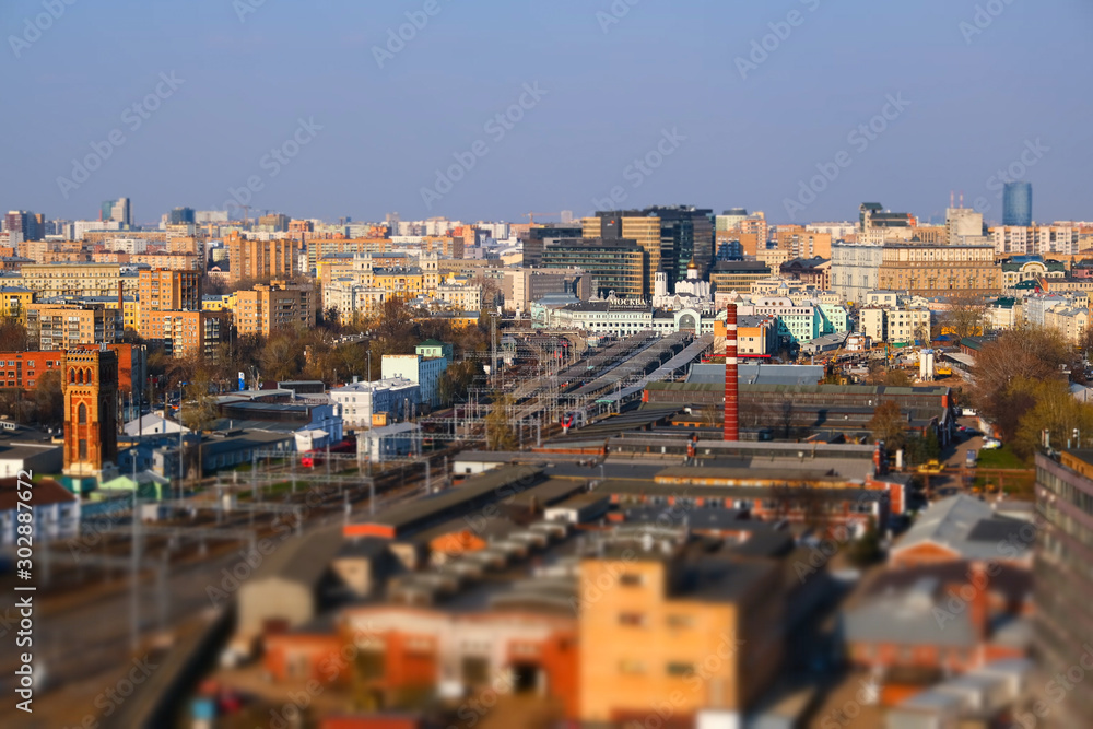Naklejka premium Panoramic view of the railway junction of the city with the effect of tilt-shift in Moscow, Russia