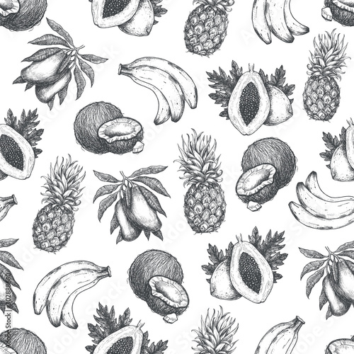 Fresh exotic fruit seamless pattern. Tropical fruits, pineapple, banana, coconut, mango, papaya. Vector illustration