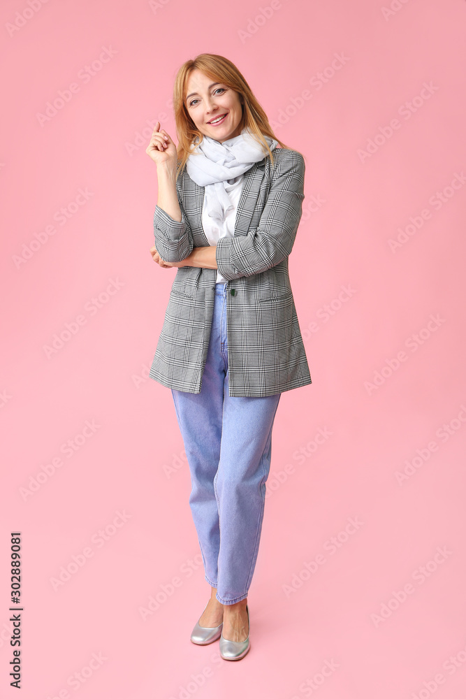 Stylish mature woman on color background Stylish mature woman on color background