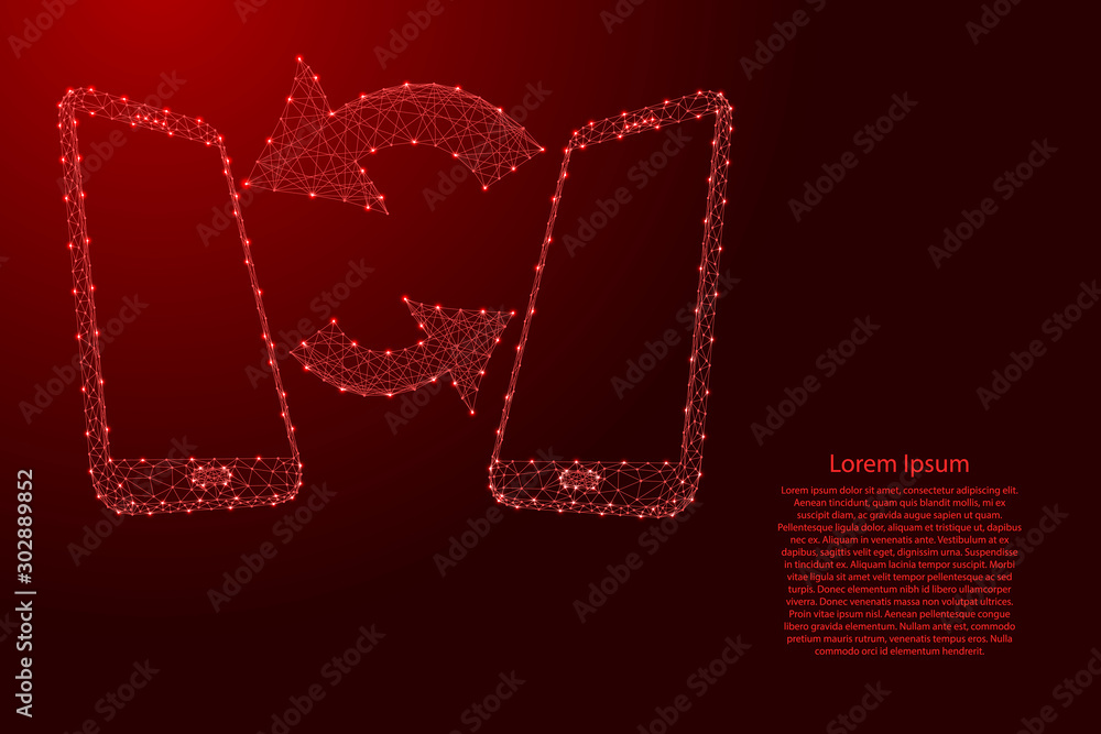 Two smartphones and the concept of data exchange interactive communication from futuristic polygonal red lines and glowing stars for banner, poster, greeting card. Vector illustration. Two smartphones and the concept of data exchange interactive communication from futuristic polygonal red lines and glowing stars for banner, poster, greeting card. Vector illustration.