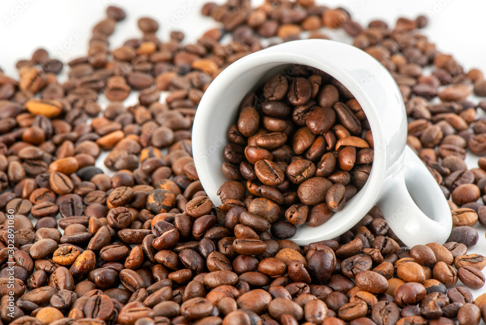Cup of Coffee Beans Isolated on White Background, close-up Cup of Coffee Beans Isolated on White Background, close-up