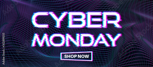 Cyber Monday vector design template. Trendy concept of sale banner for online shopping. Promo text on lines distortion background with glitch effect. Stock illustration