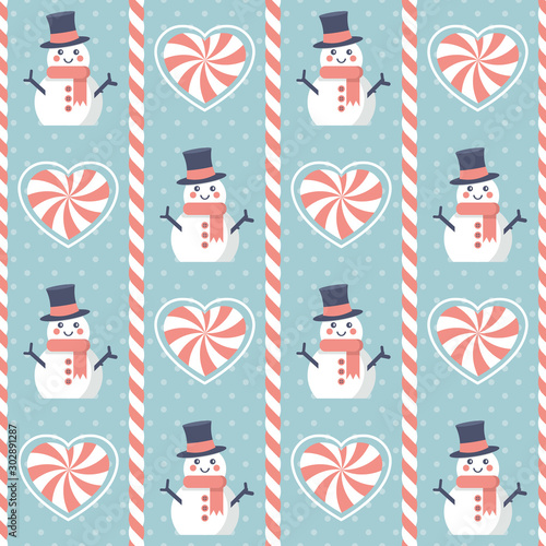 Christmas pattern. Seamless vector illustration with snowman and heart-shaped candies