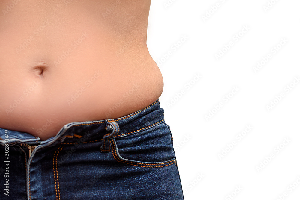 Naklejka premium Close up of woman with excessive belly fat isolated on white background