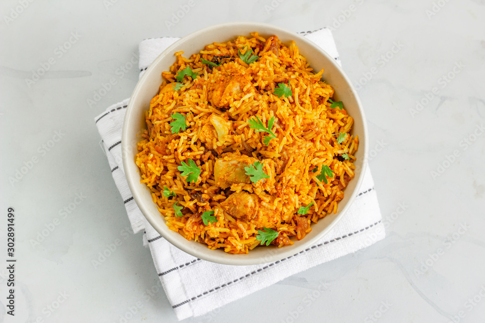Indian Chicken Pulao, Chicken Fried Rice, Top View Food Photography