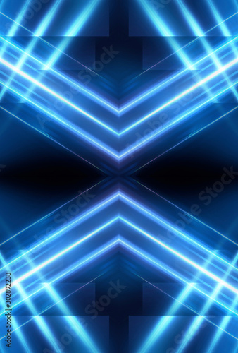 Abstract blue dark background. Dark night scene with neon lines and rays. Dark light corridor. Symmetrical reflection, neon.