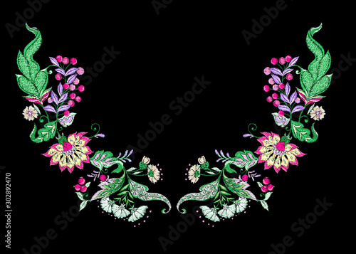 Floral decorative elements in jacobean embroidery style, fantasy floral pattern, vintage, old, retro style. Embroidery imitation for neck line. Vector illustration.
