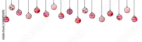 Christmas and New Year background with Hanging watercolor Christmas Balls