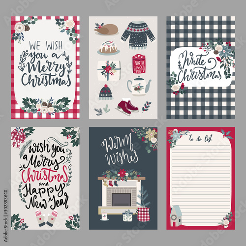 Set of Merry Christmas greeting hand drawn lettering cards in traditional farmhouse style,vertical banners,invitations. cards with christmas florals and winter objects in handdrawn scandinavian style