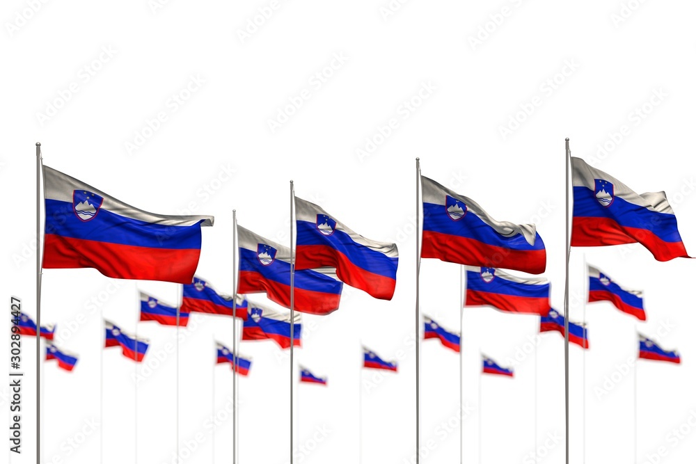 cute Slovenia isolated flags placed in row with selective focus and place for your text - any celebration flag 3d illustration.. cute Slovenia isolated flags placed in row with selective focus and place for your text - any celebration flag 3d illustration..