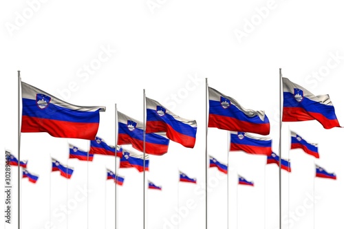 cute Slovenia isolated flags placed in row with selective focus and place for your text - any celebration flag 3d illustration..