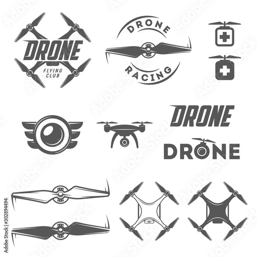 Vector set of drone labels, badges, elements and accessories. Aerial photography