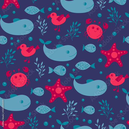 Seamless cute underwater pattern on white background. sea vector animals. It can be used for backgrounds, surface textures, wallpapers, print fills. kids fashion. flat design
