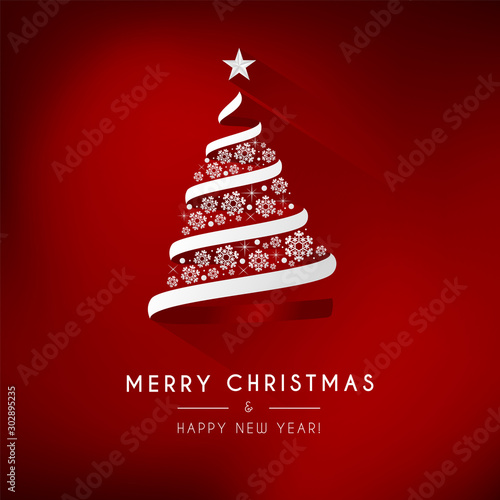 Red background with a white Christmas tree.