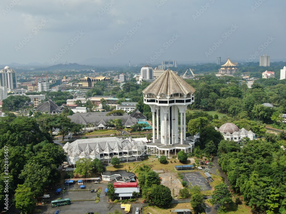 Kuching, Sarawak / Malaysia - November 15 2019: The Civic Centre Landmark of the City, connected with the Planetarium center