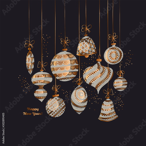 Black and gold elegant xmas balls vector