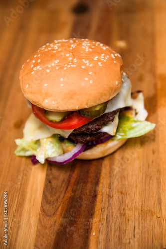 Hamburger on the wooden table