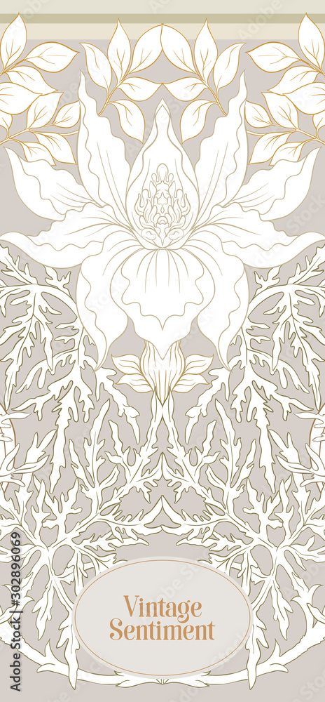 Fototapeta premium Floral pattern, background In art nouveau style, vintage, old, retro style. In gold and black. Good for the cover of a notebook, tablet, phone, product label. Vector illustration...