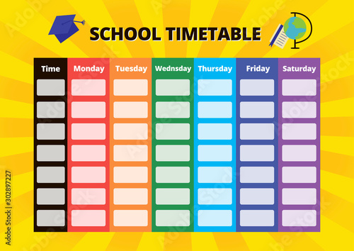 School timetable for six studying days. Everyday planner with bright glowing background. Vector educational organizer