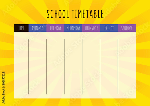 School timetable with bright yellow glowing background for six days. Everyday planner for kids. Vector educational organizer