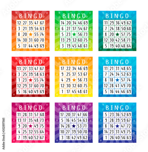 Set of american bingo tickets for party. Bright templates with various glowing backgrounds with stars. Vector lottery tickets with numbers