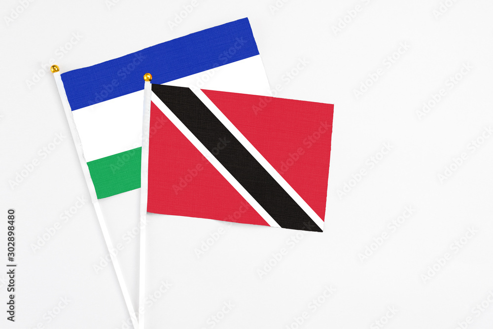 Trinidad And Tobago and Lesotho stick flags on white background. High quality fabric, miniature national flag. Peaceful global concept.White floor for copy space.