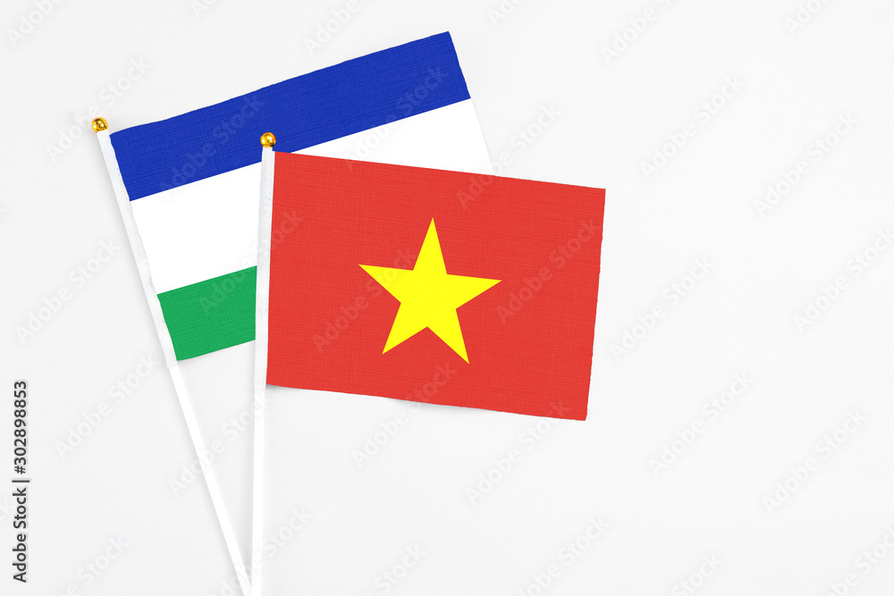 Vietnam and Lesotho stick flags on white background. High quality fabric, miniature national flag. Peaceful global concept.White floor for copy space. Vietnam and Lesotho stick flags on white background. High quality fabric, miniature national flag. Peaceful global concept.White floor for copy space.