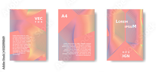 Annual report geometric set. Minimal holographic poster set. Coral color 2019 cover design with lines. Vector A4 catalog,magazine.