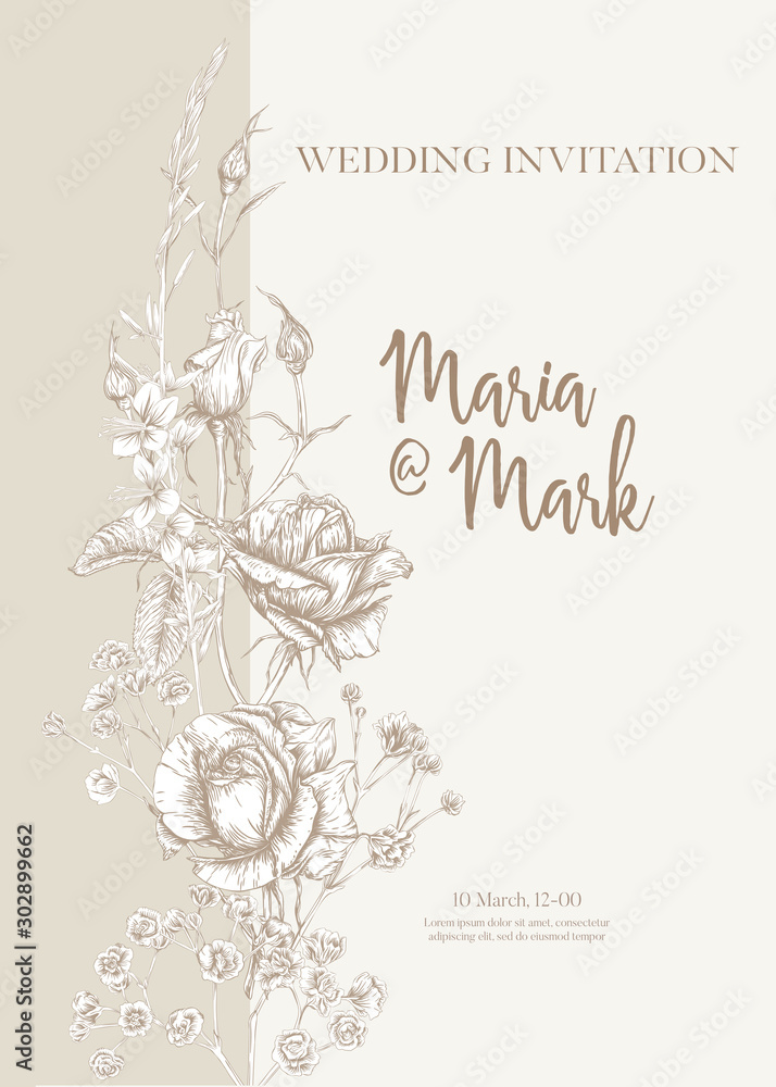 Wedding invitation with roses and spring flowers. Graphic drawing, engraving style. Vector illustration. In vintage beige color.
