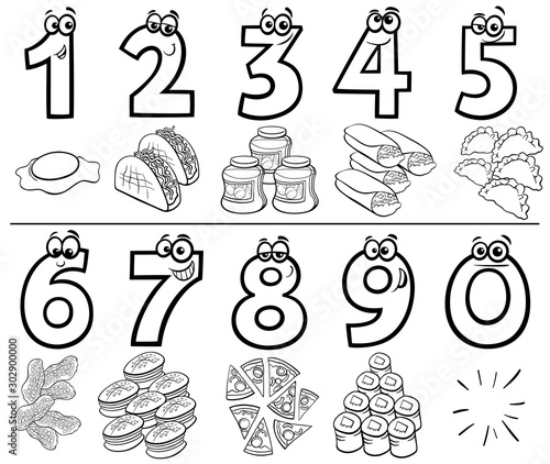 cartoon numbers set with food objects color book
