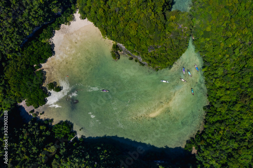 aerial top view lagoon koh hong and tourists boat photo