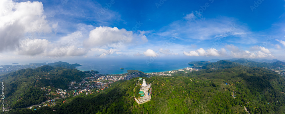aerial view panoramic big Buddha white on the mountain at Phuket Thailand
