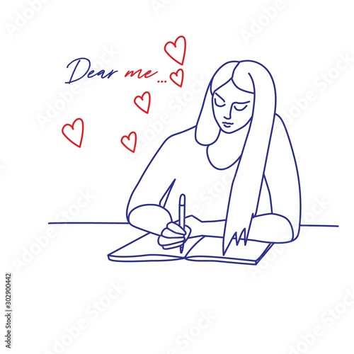 Dear me. Sitting young woman or girl with long hair writing love letter to herself at the desk. Vector illustration character, cartoon, outline, thin ink line, linear, simple minimalist style.
