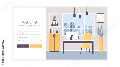 Login page with office illustration. Interface elements for your site.