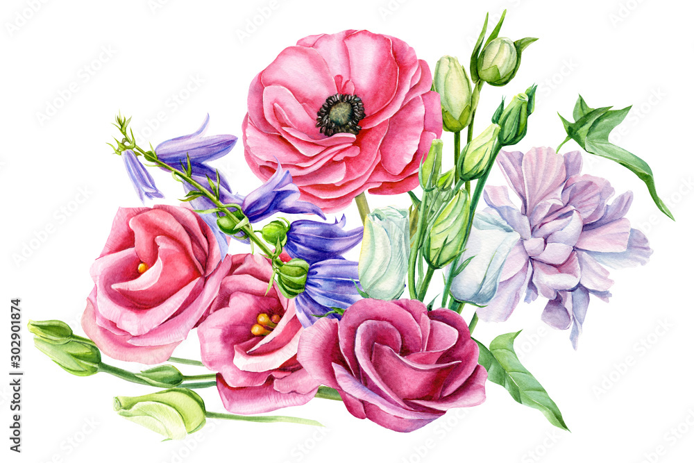 pink eustoma, bouquet of flowers, watercolor illustration on isolated white background, hand drawing pink eustoma, bouquet of flowers, watercolor illustration on isolated white background, hand drawing