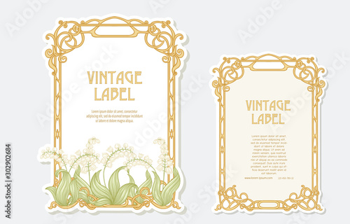 Lily of the valley. Set of 2 labels, decorative frames, borders. Good for product label. Vector illustration. In art nouveau style, vintage, old, retro style. Isolated on white background.. photo