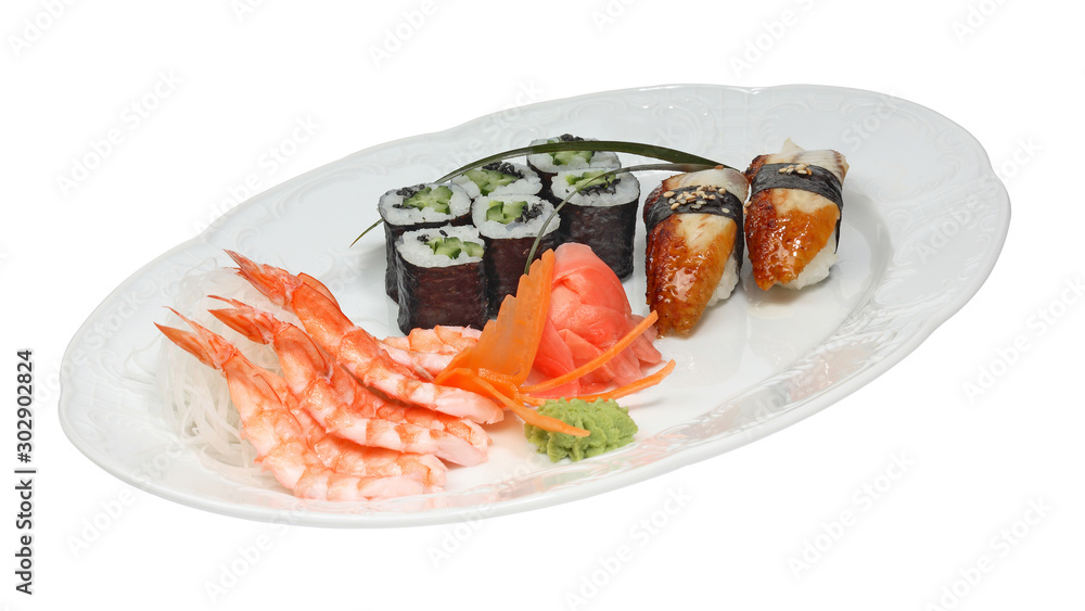Sushi with eel and rolls with cucumber and nori. Shrimps, rice noodle, ginger and wasabi on white oval plate