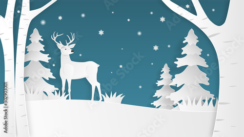 Paper art made deer in the forest on blue background. Digital craft paper cut style.