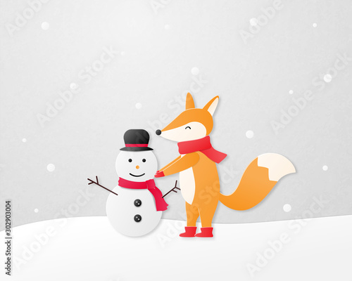 Paper art concept. A happy fox build a snowman on snow field in paper cut style.