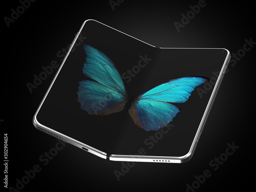 Concept of foldable smartphone folding on the longer side with butterfly image on screen. Flexible smartphone isolated on black background. 3D rendering
