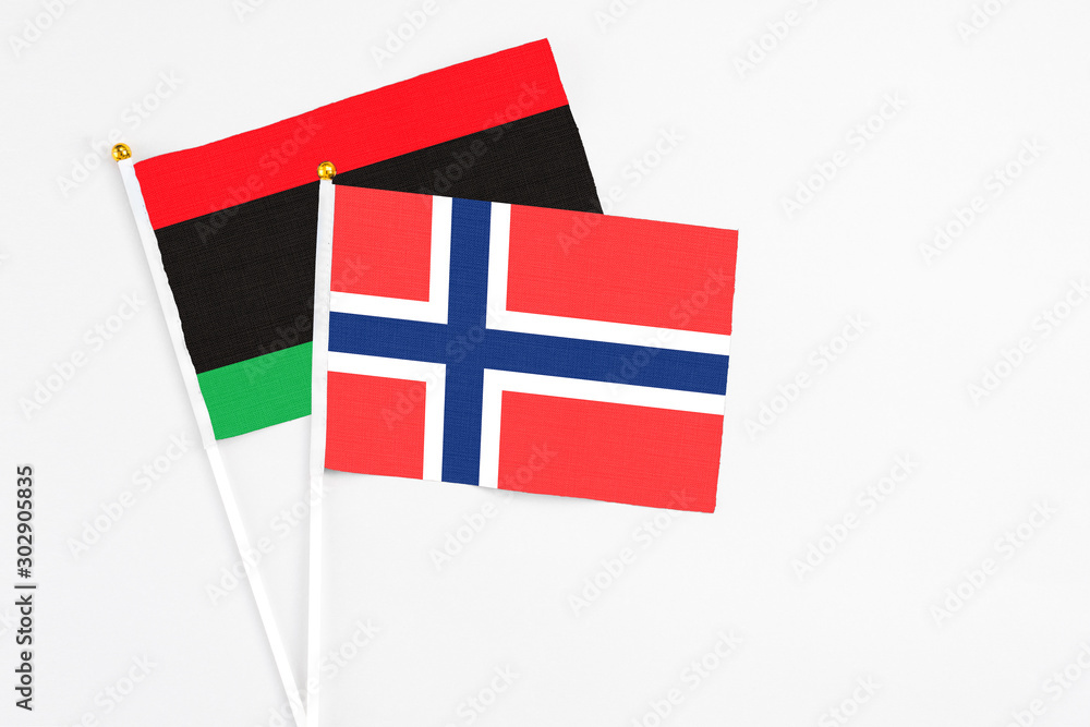 Bouvet Islands and Libya stick flags on white background. High quality fabric, miniature national flag. Peaceful global concept.White floor for copy space.