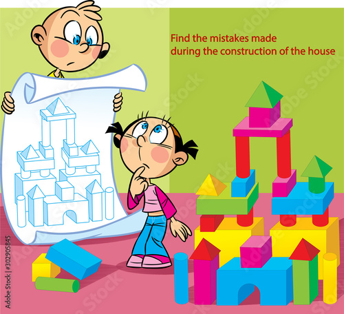 In the vector illustration, a puzzle in which a boy and a girl build a toy house out of cubes. It is necessary to find the mistakes made by children.