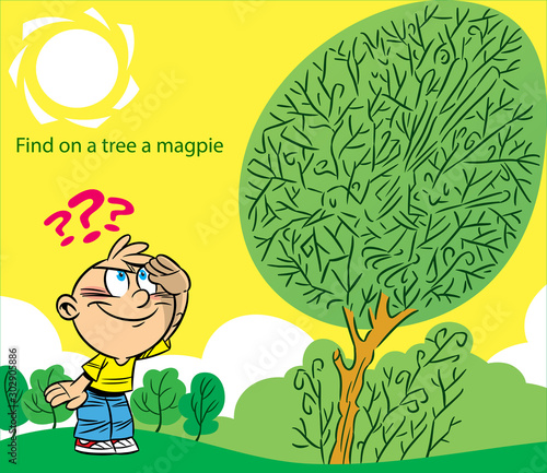 In the vector illustration, a puzzle where you need to help child find a magpie among the lines on a tree