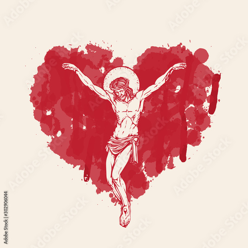 Crucified Jesus CVector banner with crucifix. Religious illustration with crucified Jesus Christ in the abstract red heart inside. Love of God, Catholic and Christian syhrist in the abstract red heart