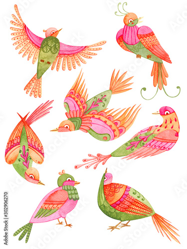 Set of small cute watercolor paradise birds. Fairytale hand painted illustration. Isolated on white.